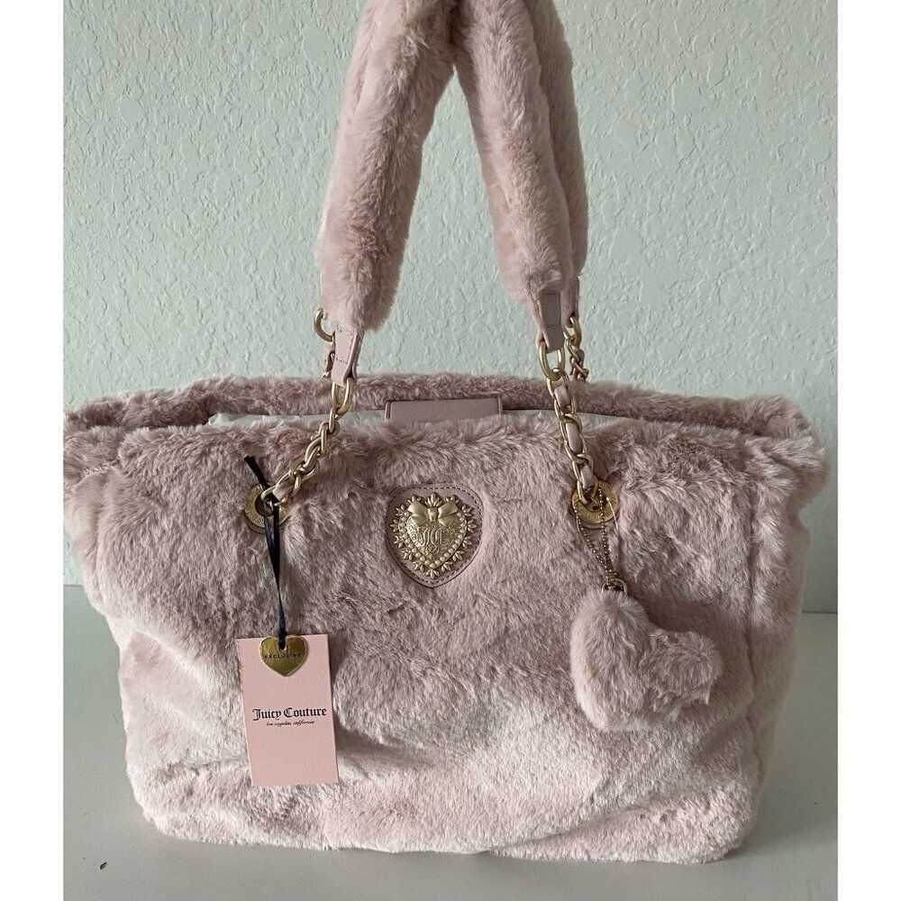 Juicy Couture Furry Friends Pink Dusty Blush Tote Bag Faux Fur Viral Soft NEW